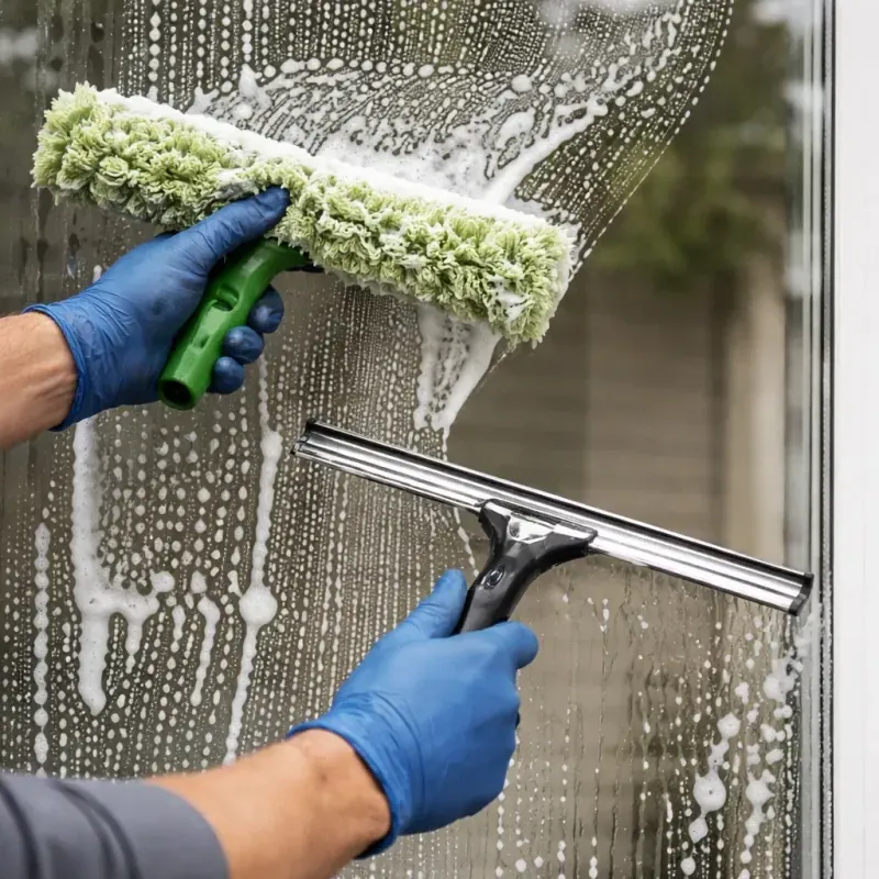 Einwascher und Abzieher bei der Reinigung einer Fensterscheibe